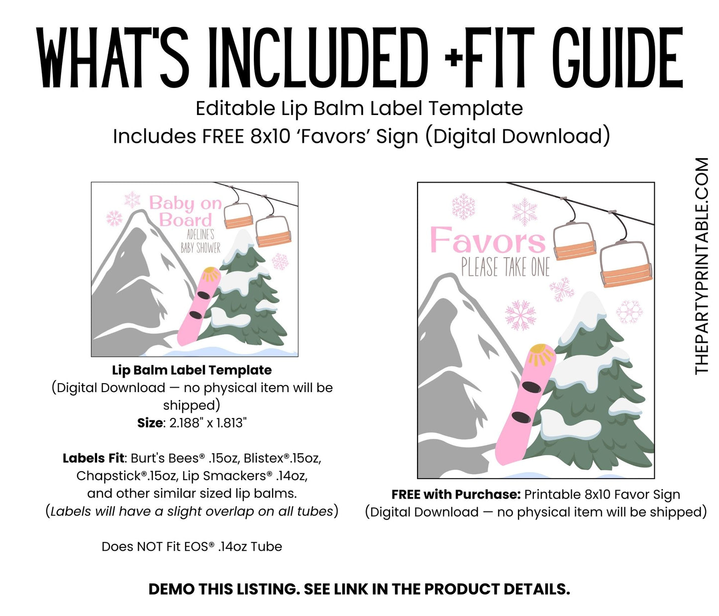 Baby on Board Snowboard Lip Balm Label Template: Pink Winter Girl Favor (Digital Download)