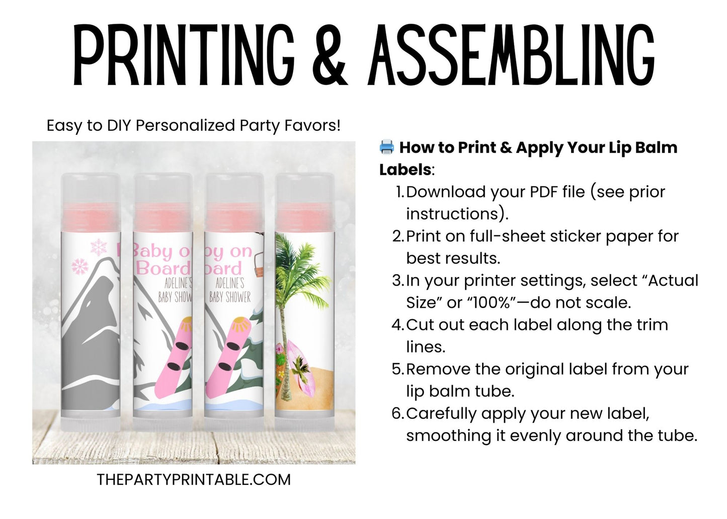 Baby on Board Snowboard Lip Balm Label Template: Pink Winter Girl Favor (Digital Download)