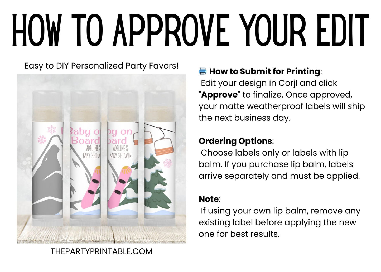 Baby on Board Snowboard Chapstick Favors: Pink Winter Girl Shower Gift