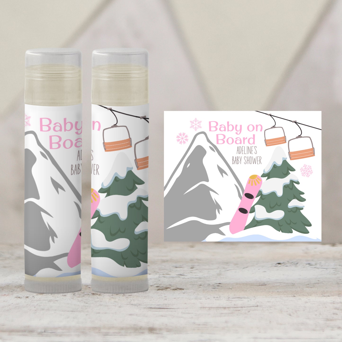 Baby on Board Snowboard Chapstick Favors: Pink Winter Girl Shower Gift
