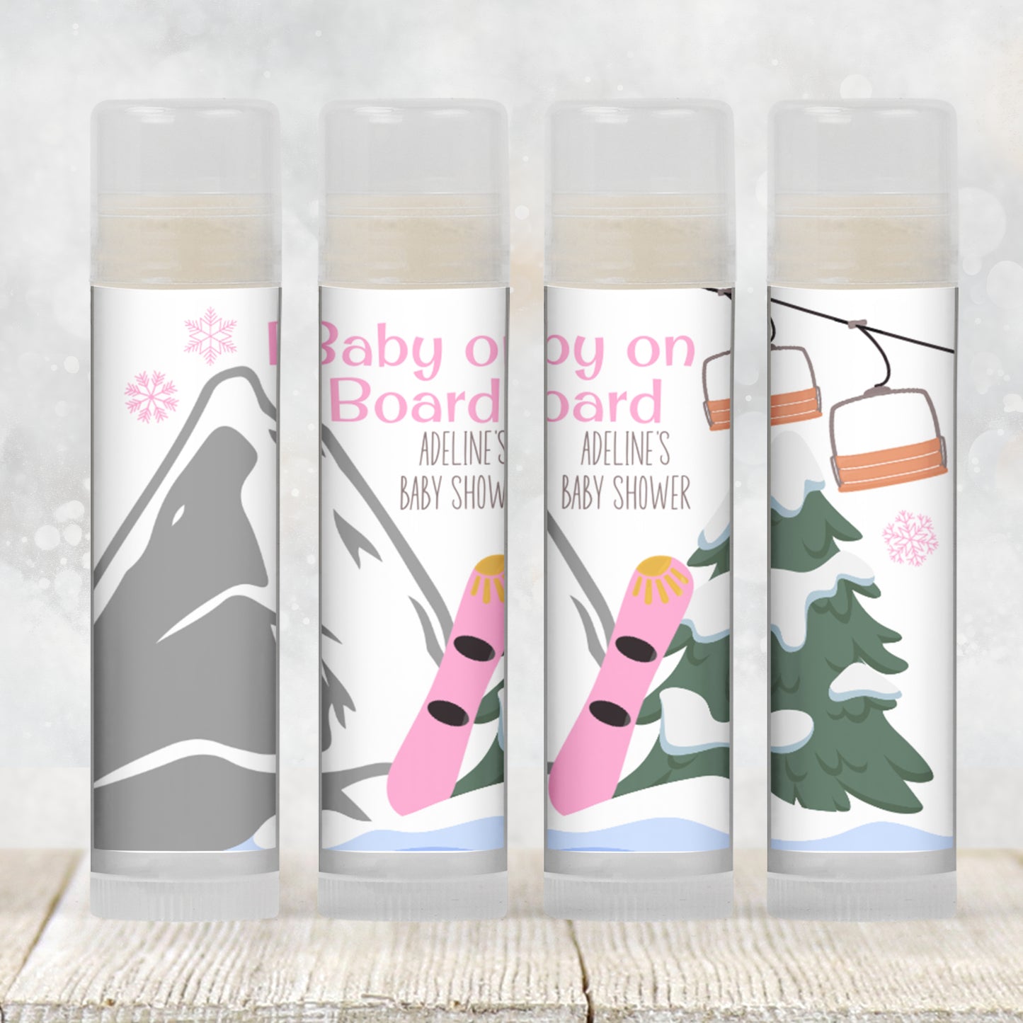 Baby on Board Snowboard Chapstick Favors: Pink Winter Girl Shower Gift