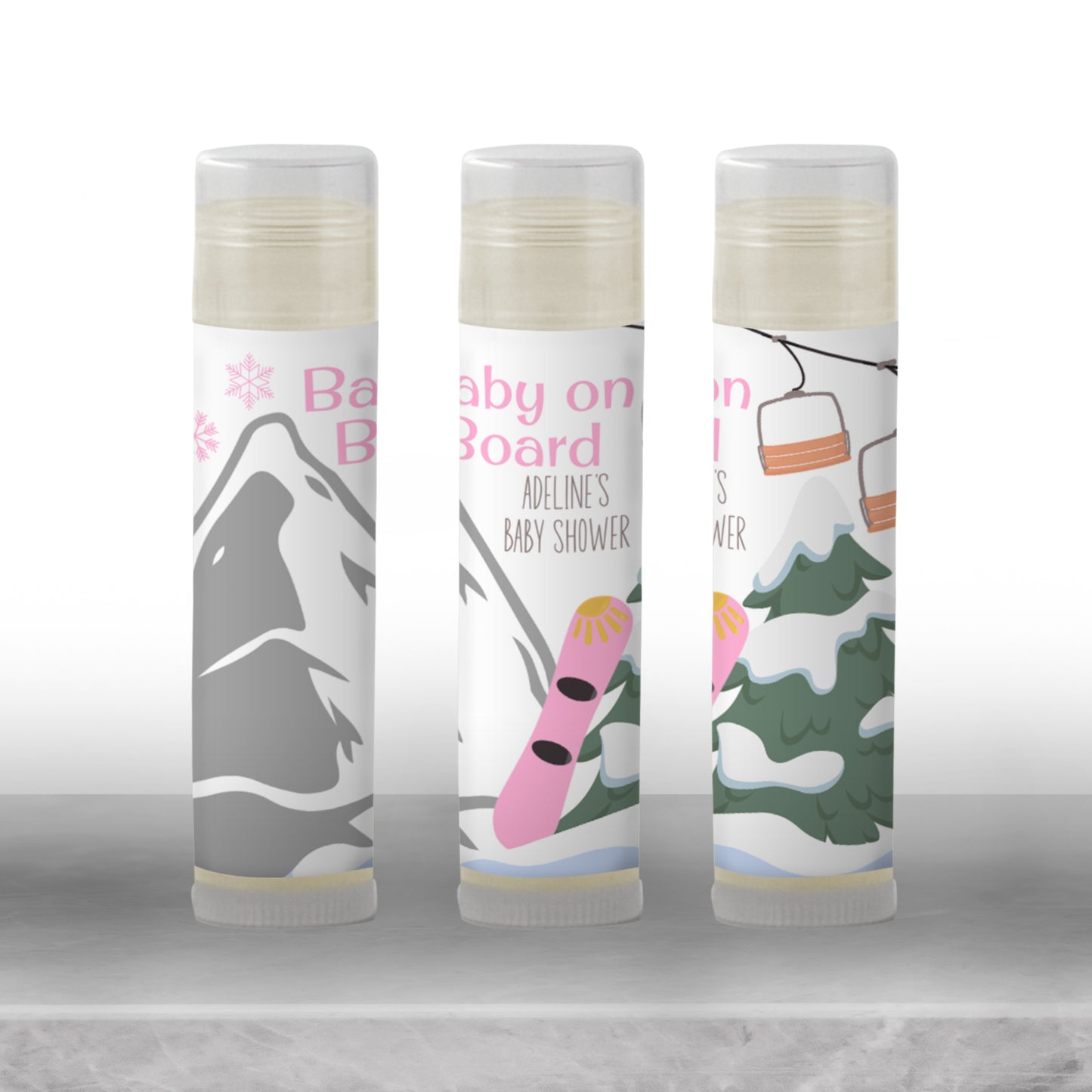 Baby on Board Snowboard Chapstick Favors: Pink Winter Girl Shower Gift
