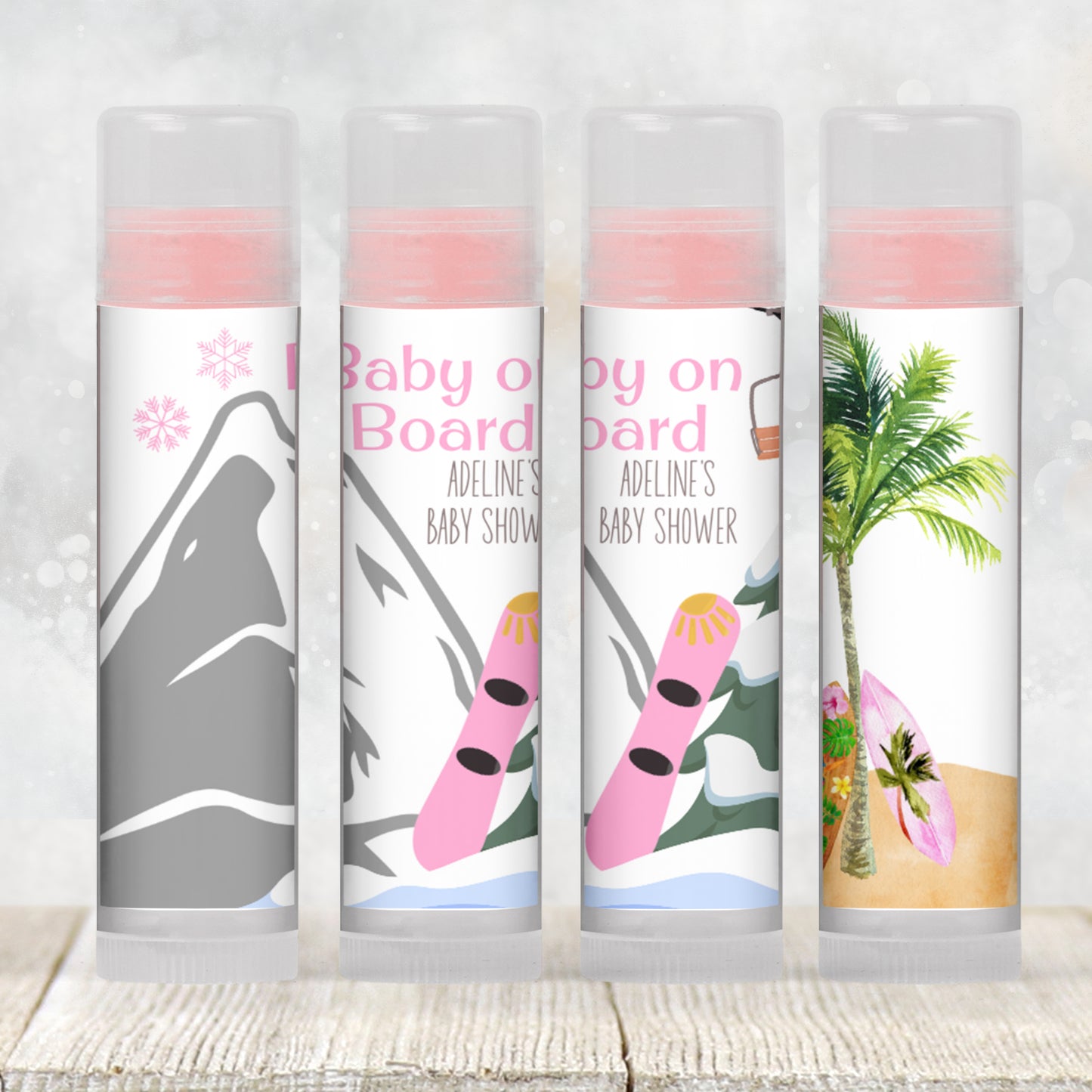 Baby on Board Snowboard Lip Balm Label Template: Pink Winter Girl Favor (Digital Download)