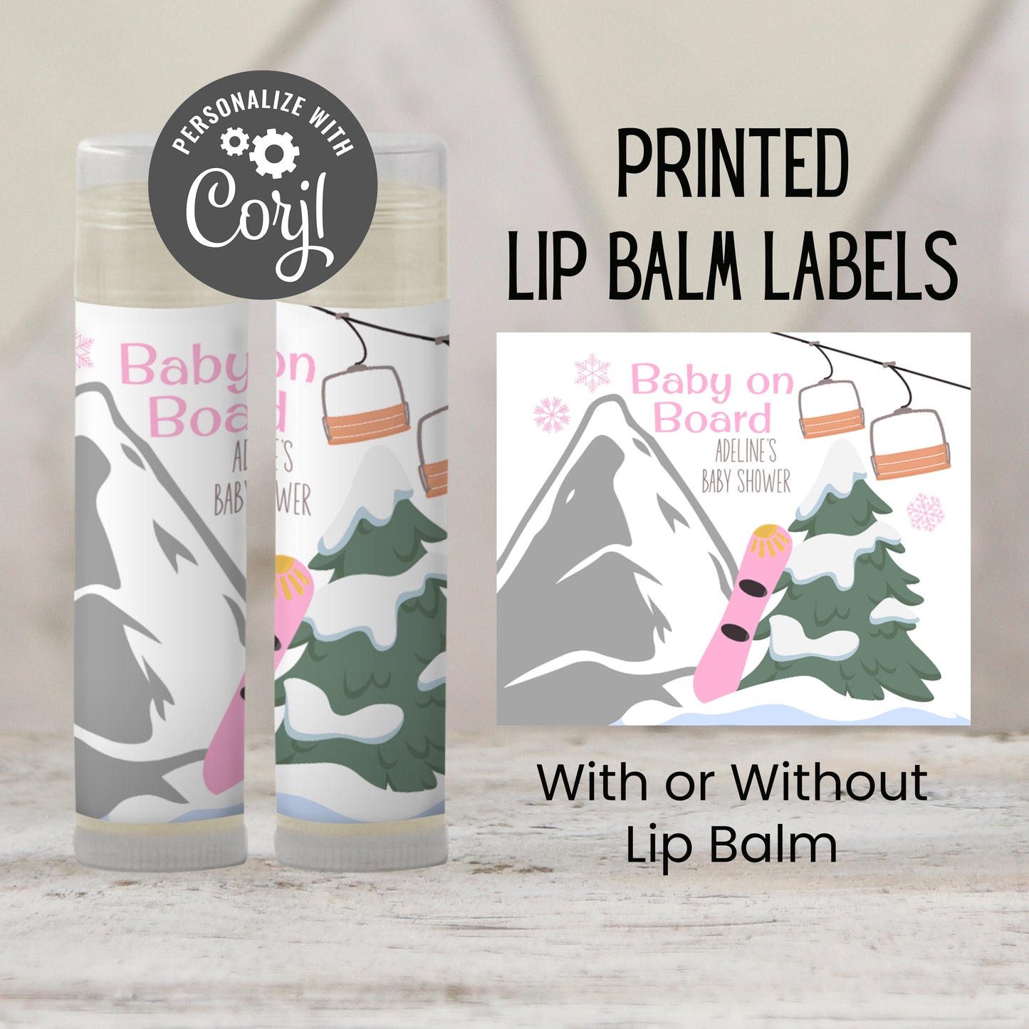 Baby on Board Snowboard Chapstick Favors: Pink Winter Girl Shower Gift