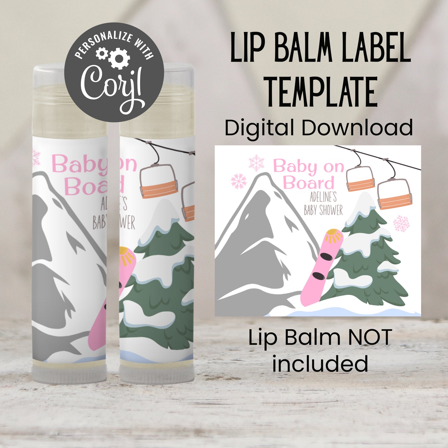 Baby on Board Snowboard Lip Balm Label Template: Pink Winter Girl Favor (Digital Download)