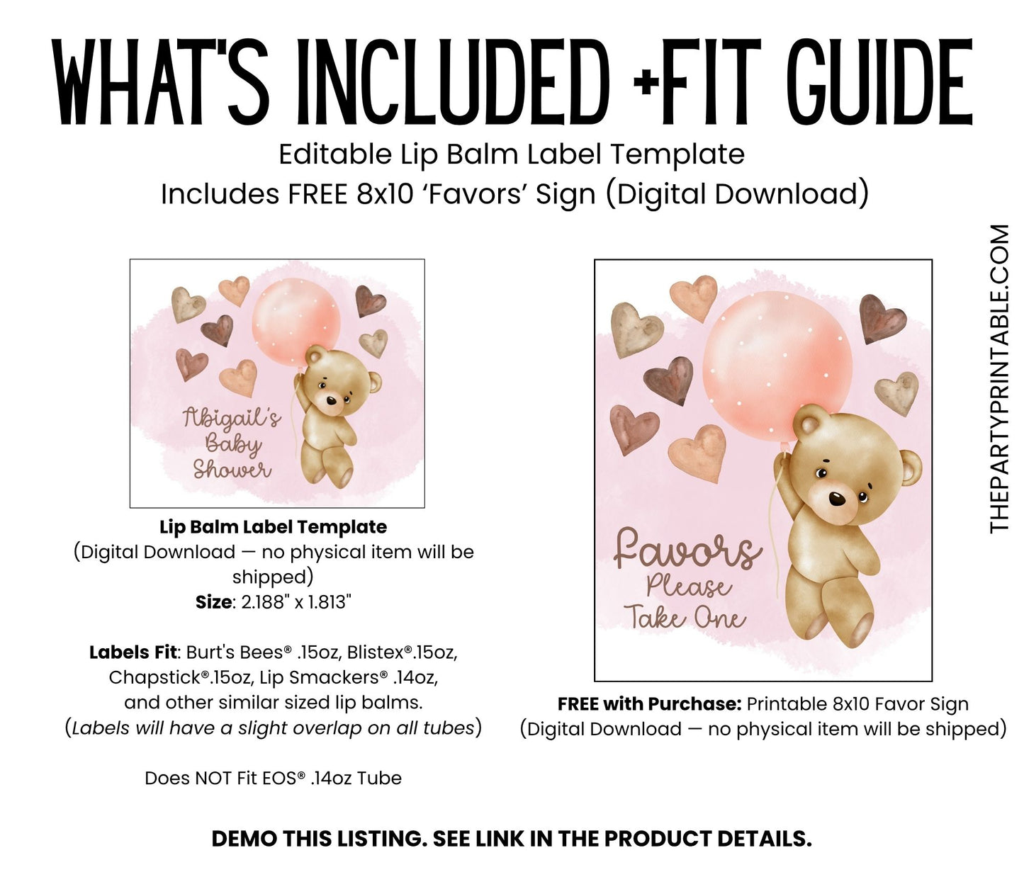 Teddy Bear Baby Shower Favors Lip Balm Label Template: Pink Balloon Girl (Digital Download)
