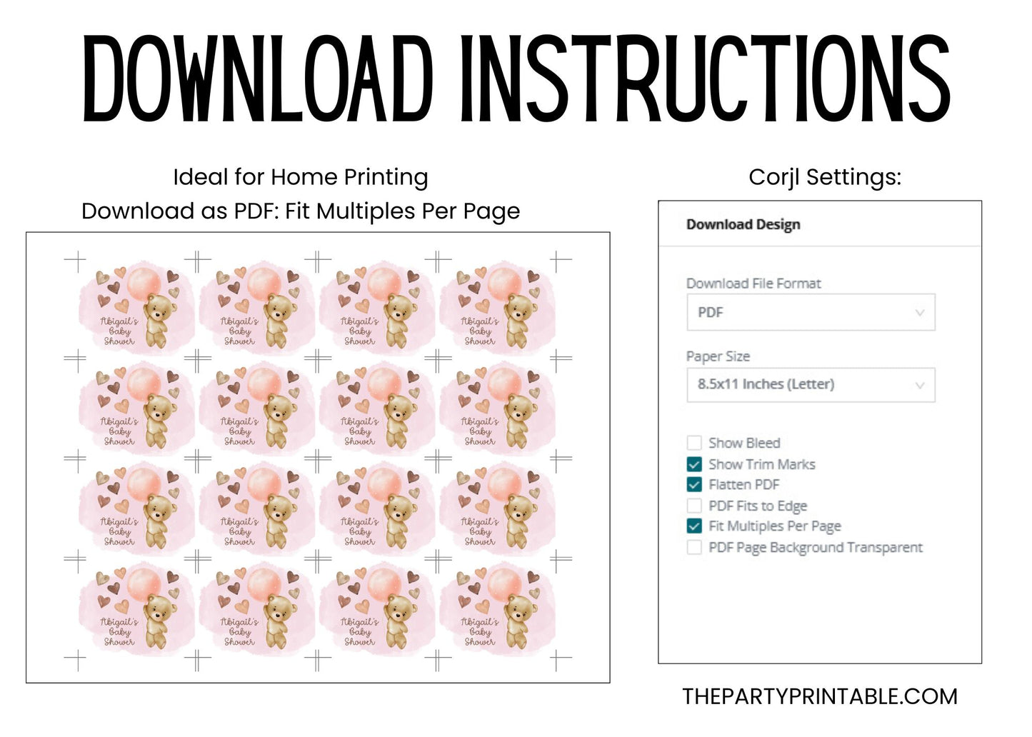 Teddy Bear Baby Shower Favors Lip Balm Label Template: Pink Balloon Girl (Digital Download)