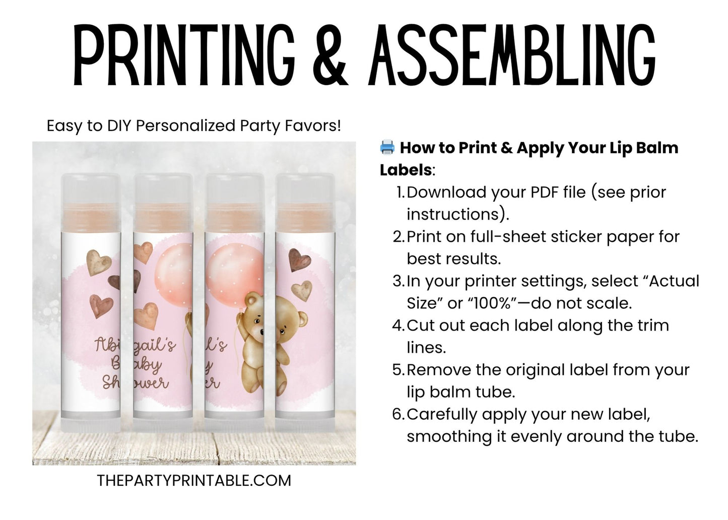 Teddy Bear Baby Shower Favors Lip Balm Label Template: Pink Balloon Girl (Digital Download)