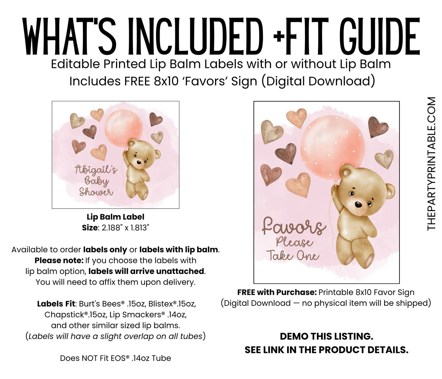 Teddy Bear Baby Shower Favors Lip Balm: Pink Balloon Girl Guest Gift
