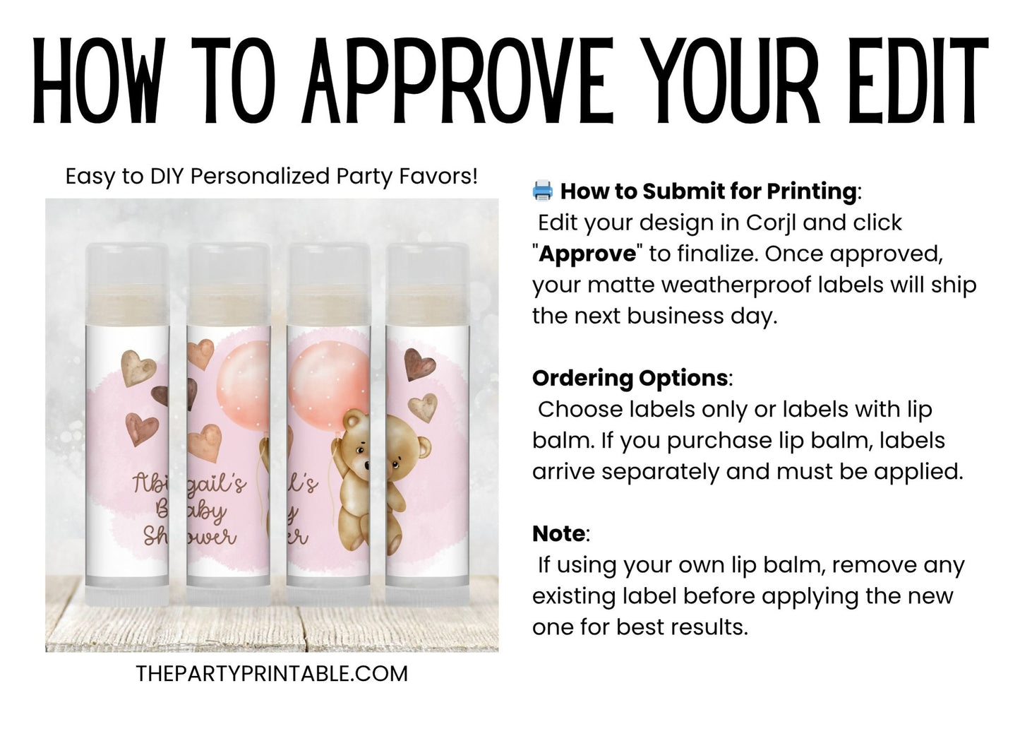 Teddy Bear Baby Shower Favors Lip Balm: Pink Balloon Girl Guest Gift