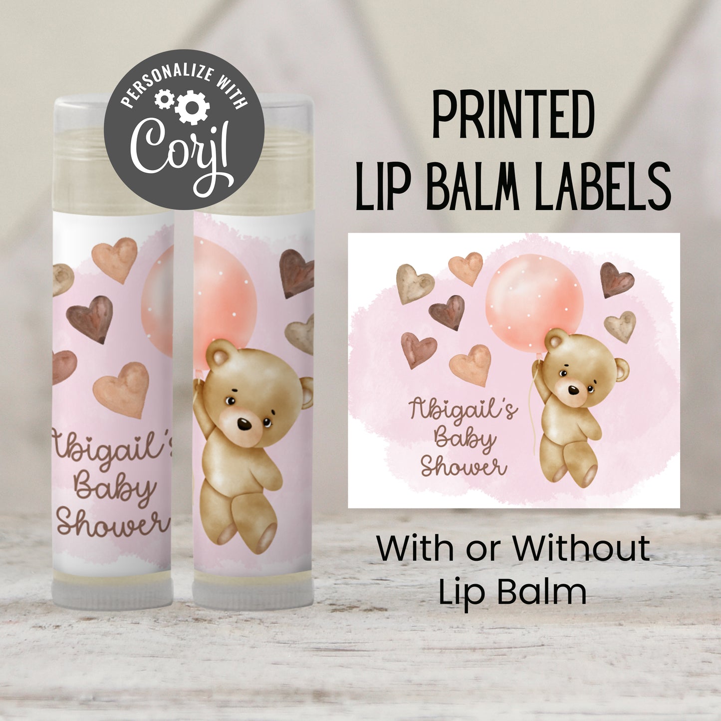 Teddy Bear Baby Shower Favors Lip Balm: Pink Balloon Girl Guest Gift