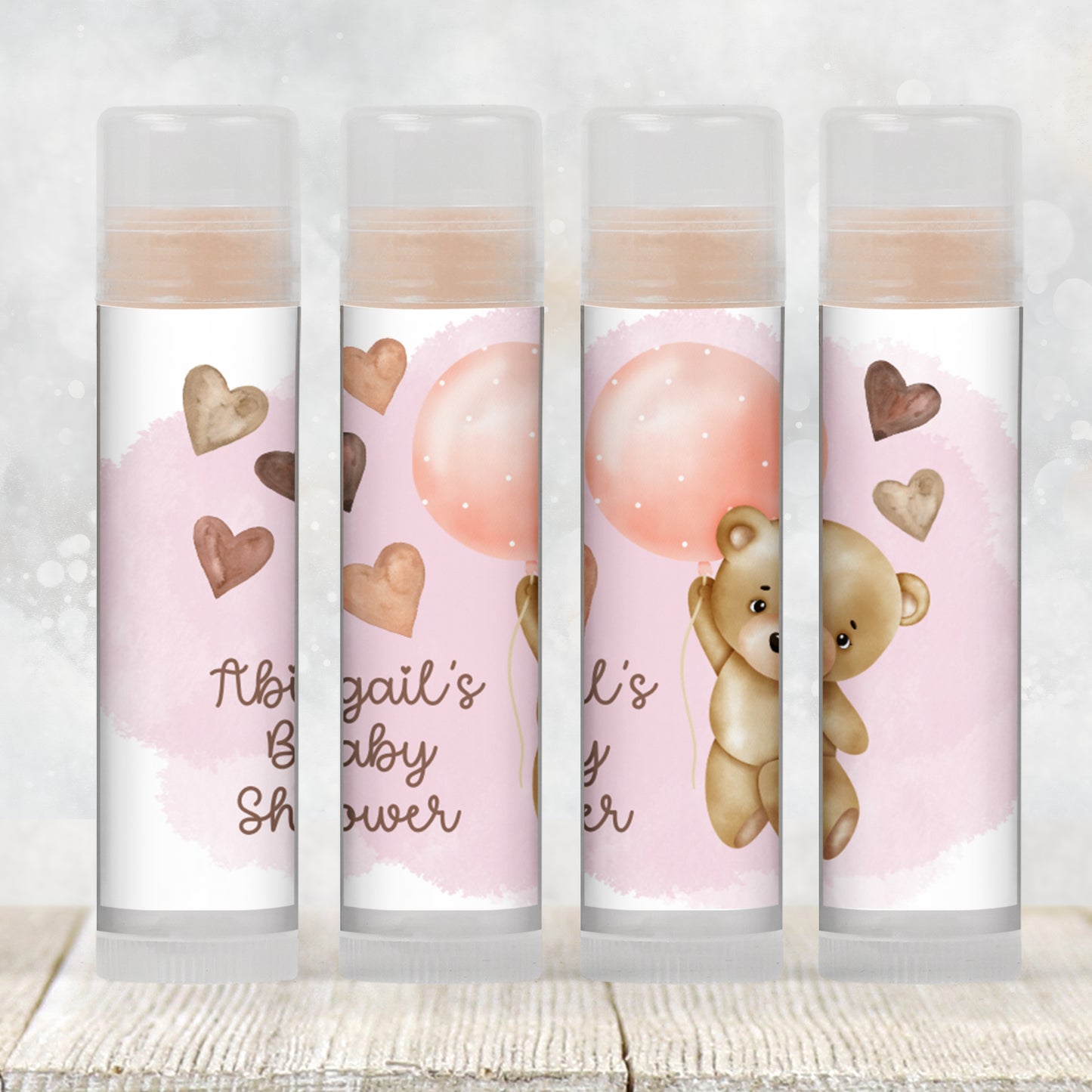 Teddy Bear Baby Shower Favors Lip Balm Label Template: Pink Balloon Girl (Digital Download)