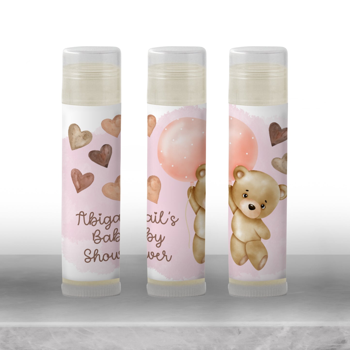 Teddy Bear Baby Shower Favors Lip Balm: Pink Balloon Girl Guest Gift