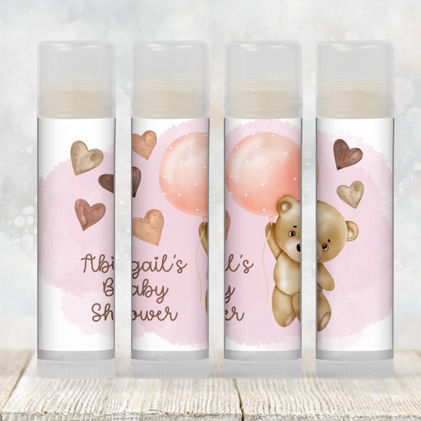 Teddy Bear Baby Shower Favors Lip Balm: Pink Balloon Girl Guest Gift