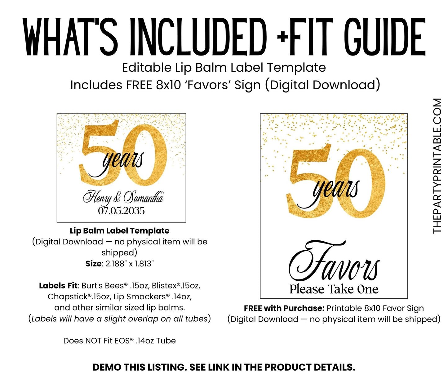 50th Anniversary Party Favor Lip Balm Label TEMPLATE | Editable Gold Splatter Theme Printable 50 Years Celebration Personalized Sticker 4600