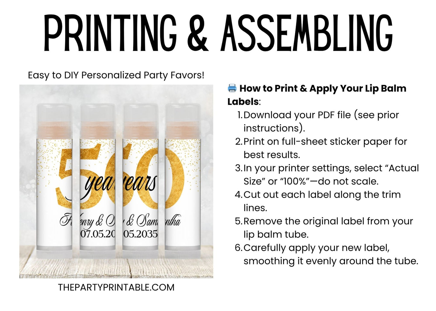 50th Anniversary Party Favor Lip Balm Label TEMPLATE | Editable Gold Splatter Theme Printable 50 Years Celebration Personalized Sticker 4600