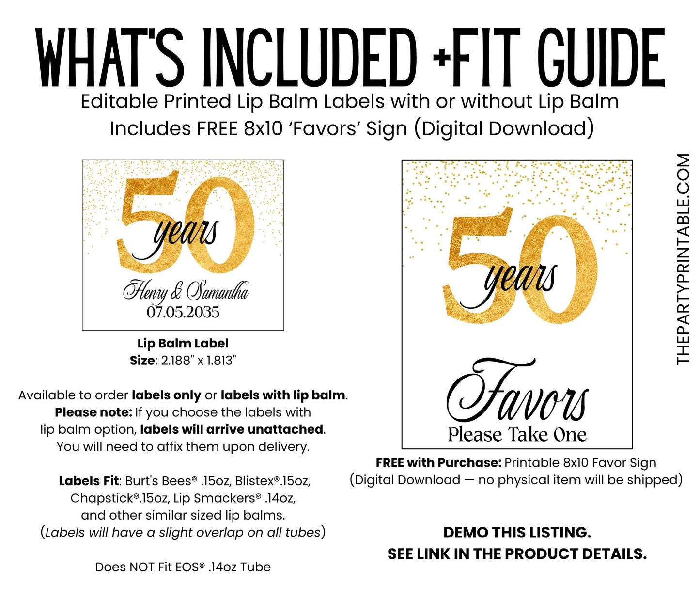 50th Anniversary Favors PRINTED Lip Balm Labels or Lip Balm | Gold Splatter Party | Personalized 50 Years Celebration Guest Gift 4600