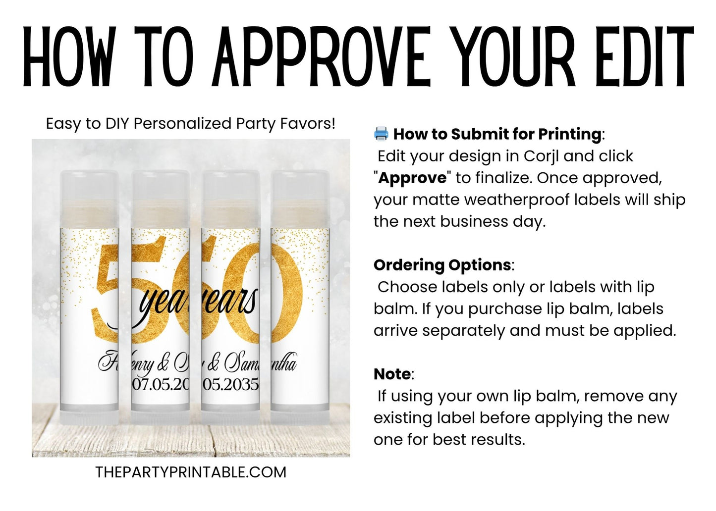 50th Anniversary Favors PRINTED Lip Balm Labels or Lip Balm | Gold Splatter Party | Personalized 50 Years Celebration Guest Gift 4600