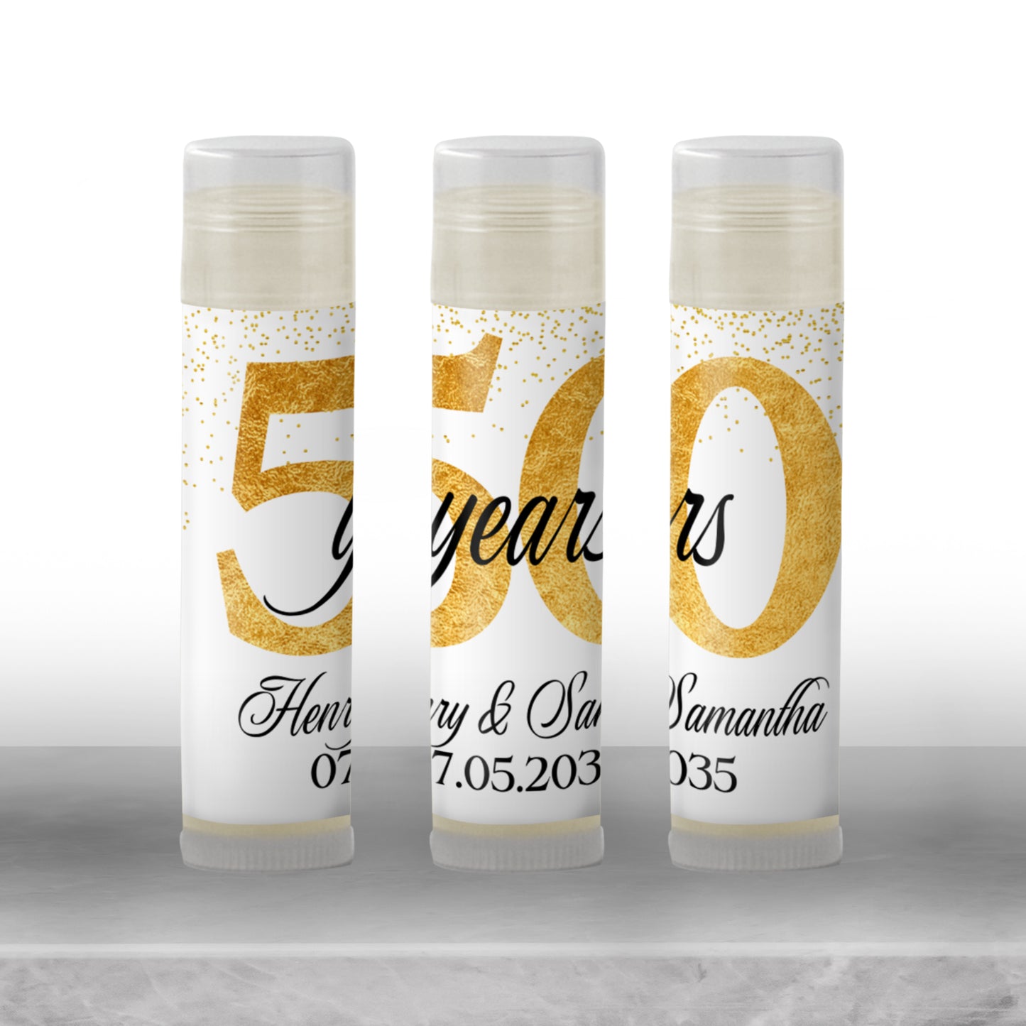 50th Anniversary Party Favor Lip Balm Label TEMPLATE | Editable Gold Splatter Theme Printable 50 Years Celebration Personalized Sticker 4600