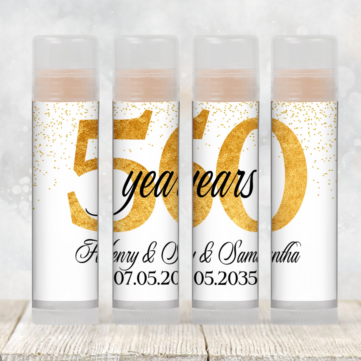 50th Anniversary Party Favor Lip Balm Label TEMPLATE | Editable Gold Splatter Theme Printable 50 Years Celebration Personalized Sticker 4600