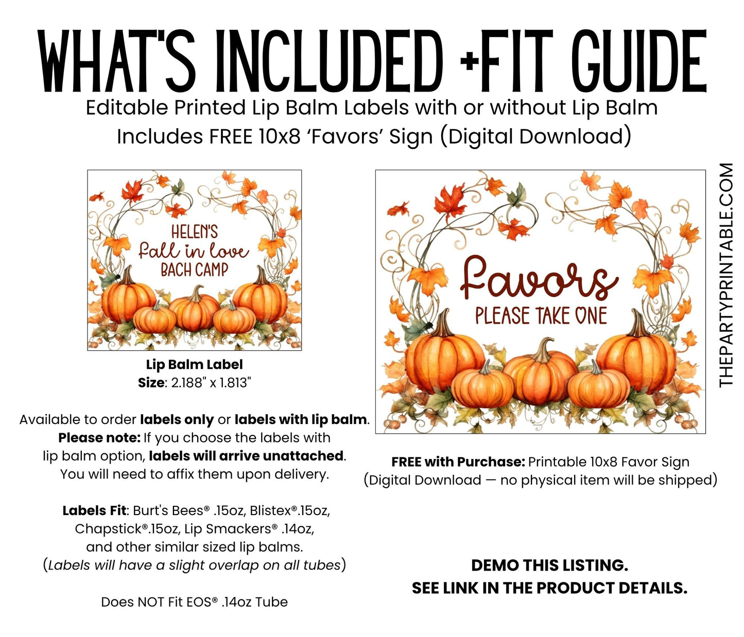Fall in Love Bach Camp Lip Balm Favors or PRINTED Labels | Rustic Pumpkin Bachelorette | October Fall Wedding Party Chapstick 4601