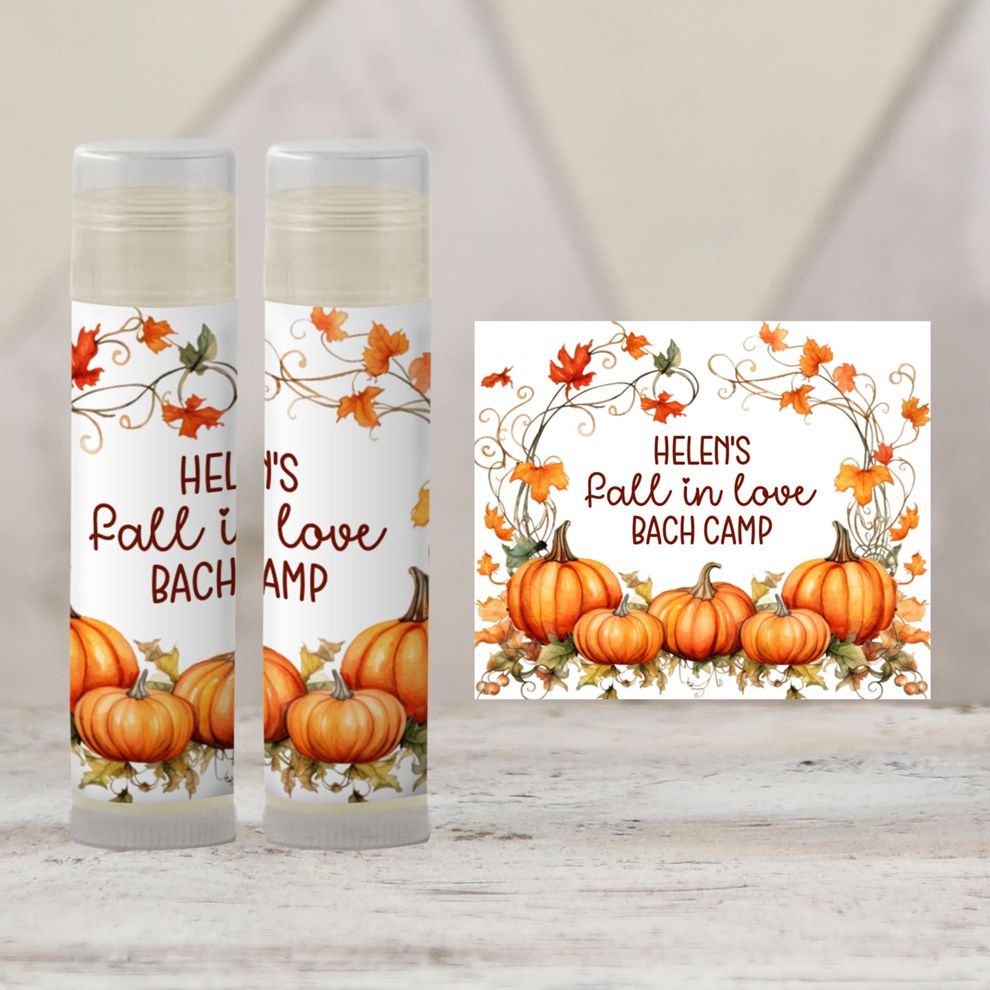 Fall in Love Bach Camp Lip Balm Favors or PRINTED Labels | Rustic Pumpkin Bachelorette | October Fall Wedding Party Chapstick 4601