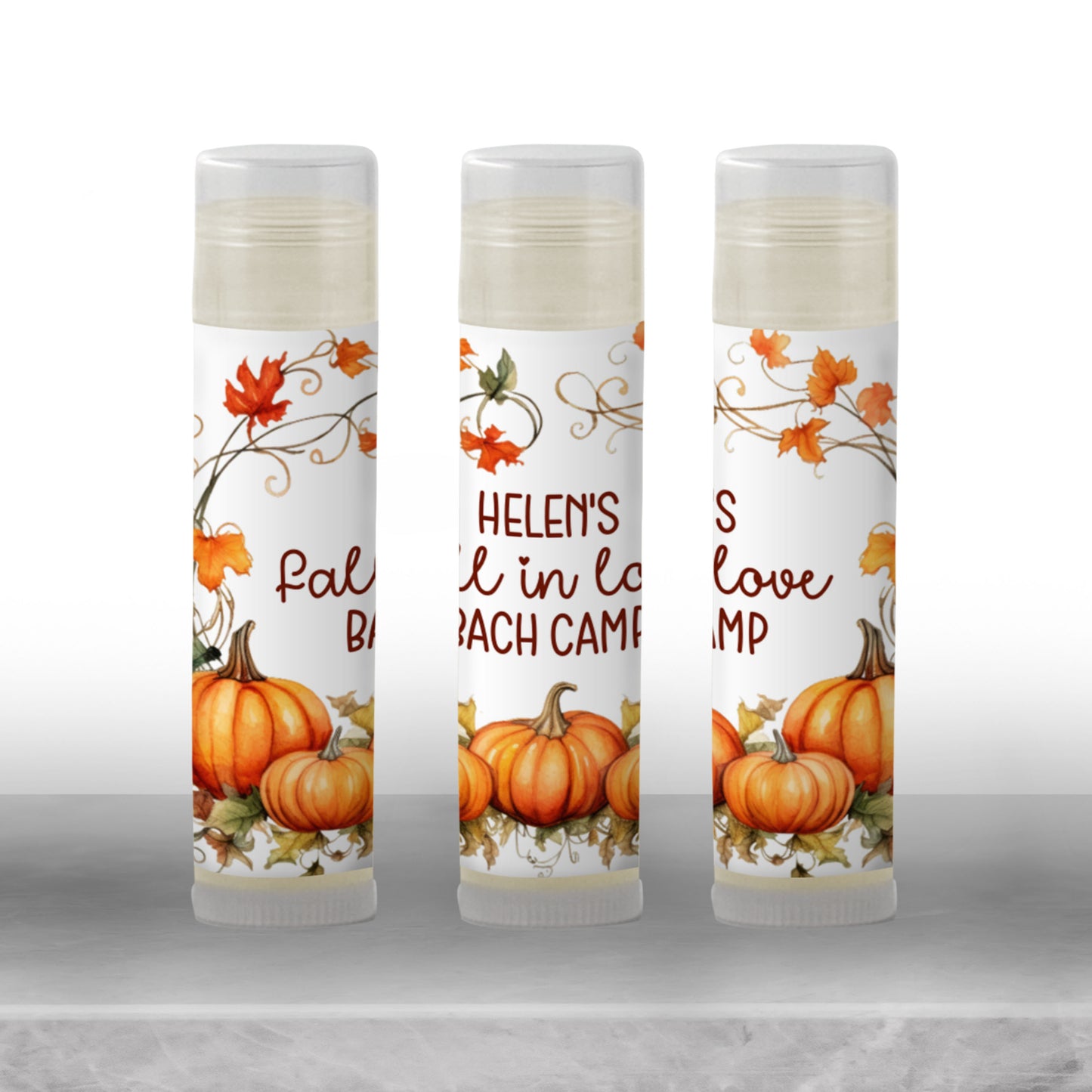Fall in Love Bach Camp Lip Balm Favors or PRINTED Labels | Rustic Pumpkin Bachelorette | October Fall Wedding Party Chapstick 4601