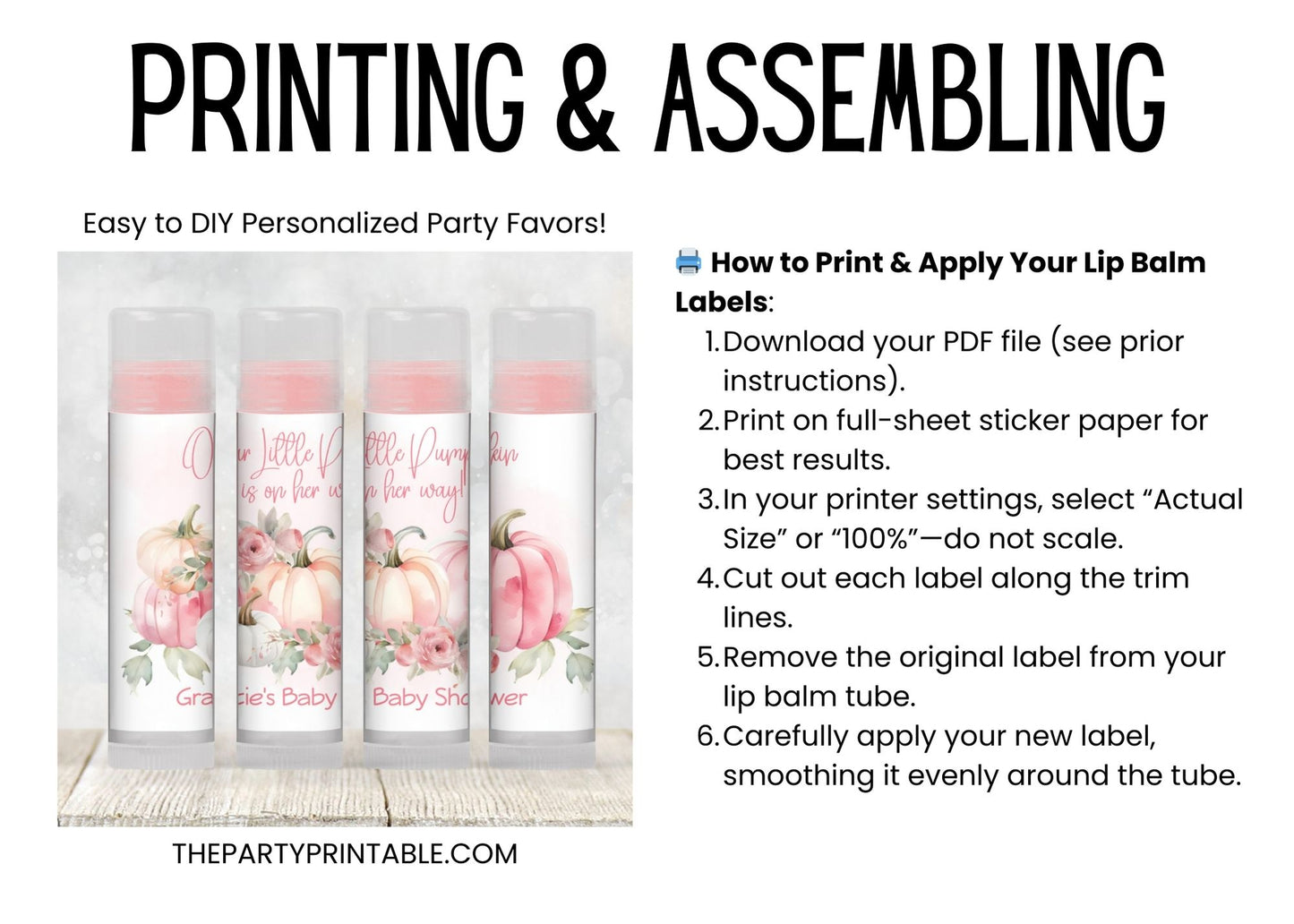Printable Girl Pink Little Pumpkin Baby Shower Favor Chapstick TEMPLATE | Pink Floral Pumpkin Baby Shower | White Pink Pumpkin Favor, 4602
