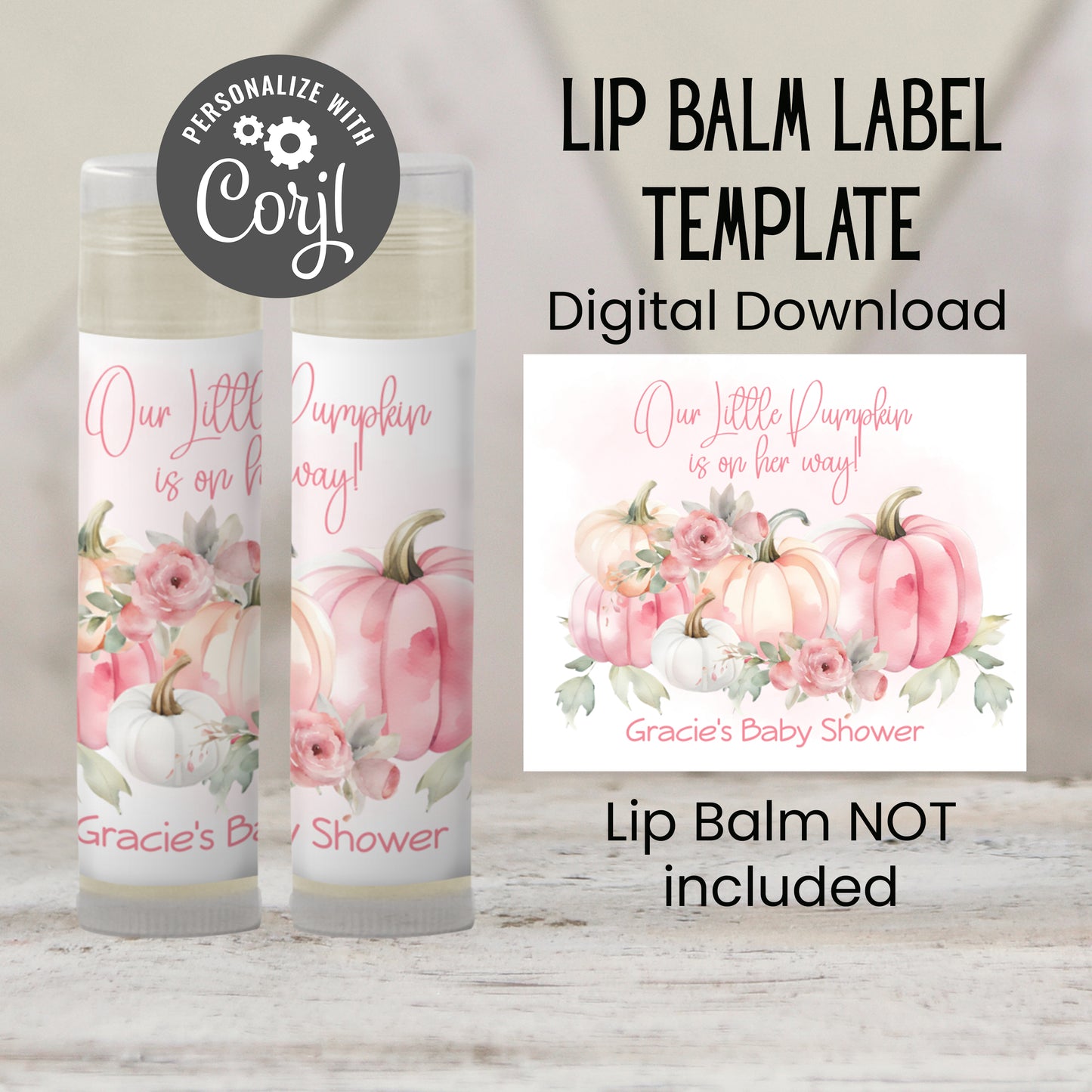 Printable Girl Pink Little Pumpkin Baby Shower Favor Chapstick TEMPLATE | Pink Floral Pumpkin Baby Shower | White Pink Pumpkin Favor, 4602