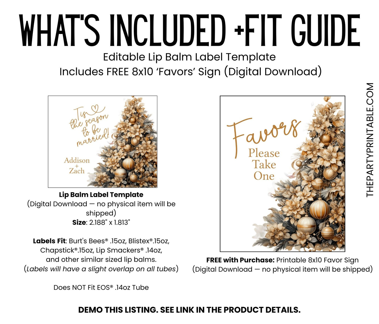 Tis the Season to Be Married Lip Balm Label Template: Gold Christmas Wedding Favor (Digital Download)