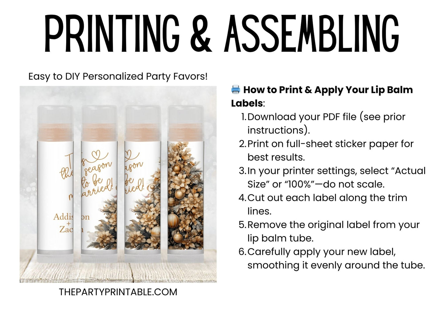 Tis the Season to Be Married Lip Balm Label Template: Gold Christmas Wedding Favor (Digital Download)