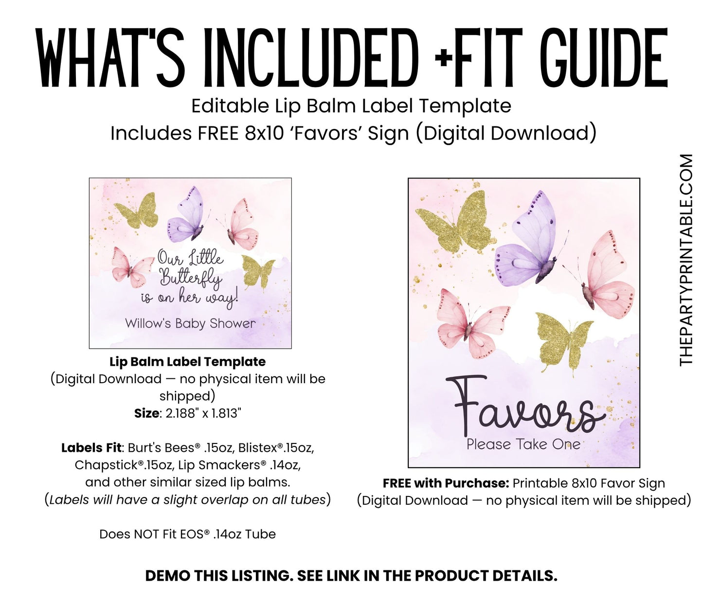 Butterfly Baby Shower Favor Lip Balm Label TEMPLATE | Editable Pink Purple Gold Theme | Printable A Little Butterfly Is On Her Way 4800