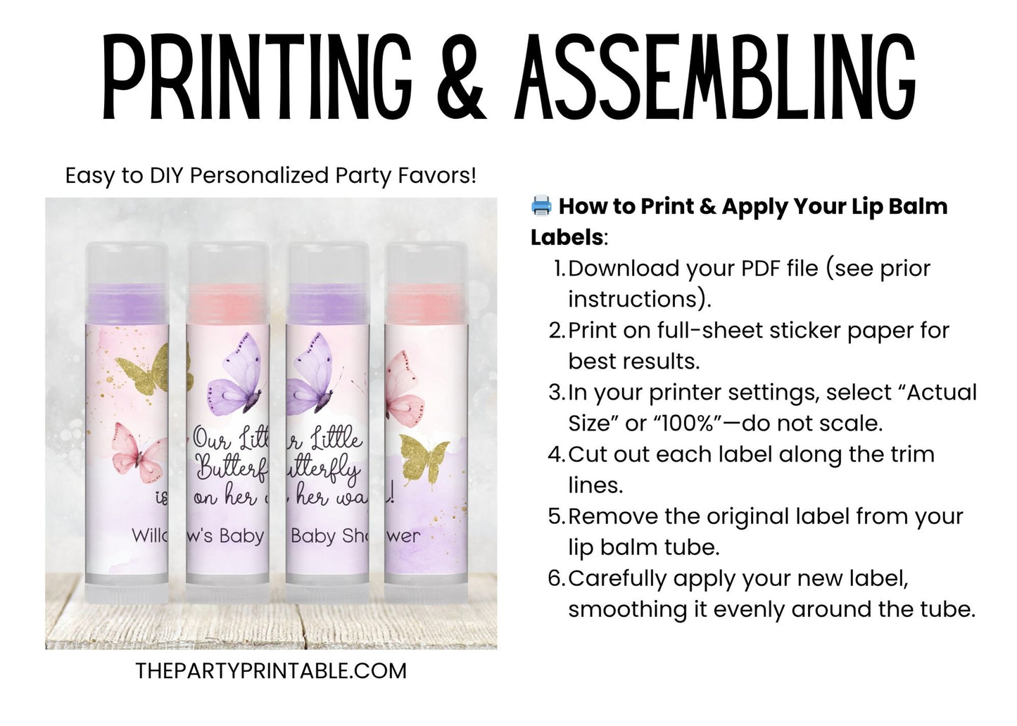 Butterfly Baby Shower Favor Lip Balm Label TEMPLATE | Editable Pink Purple Gold Theme | Printable A Little Butterfly Is On Her Way 4800