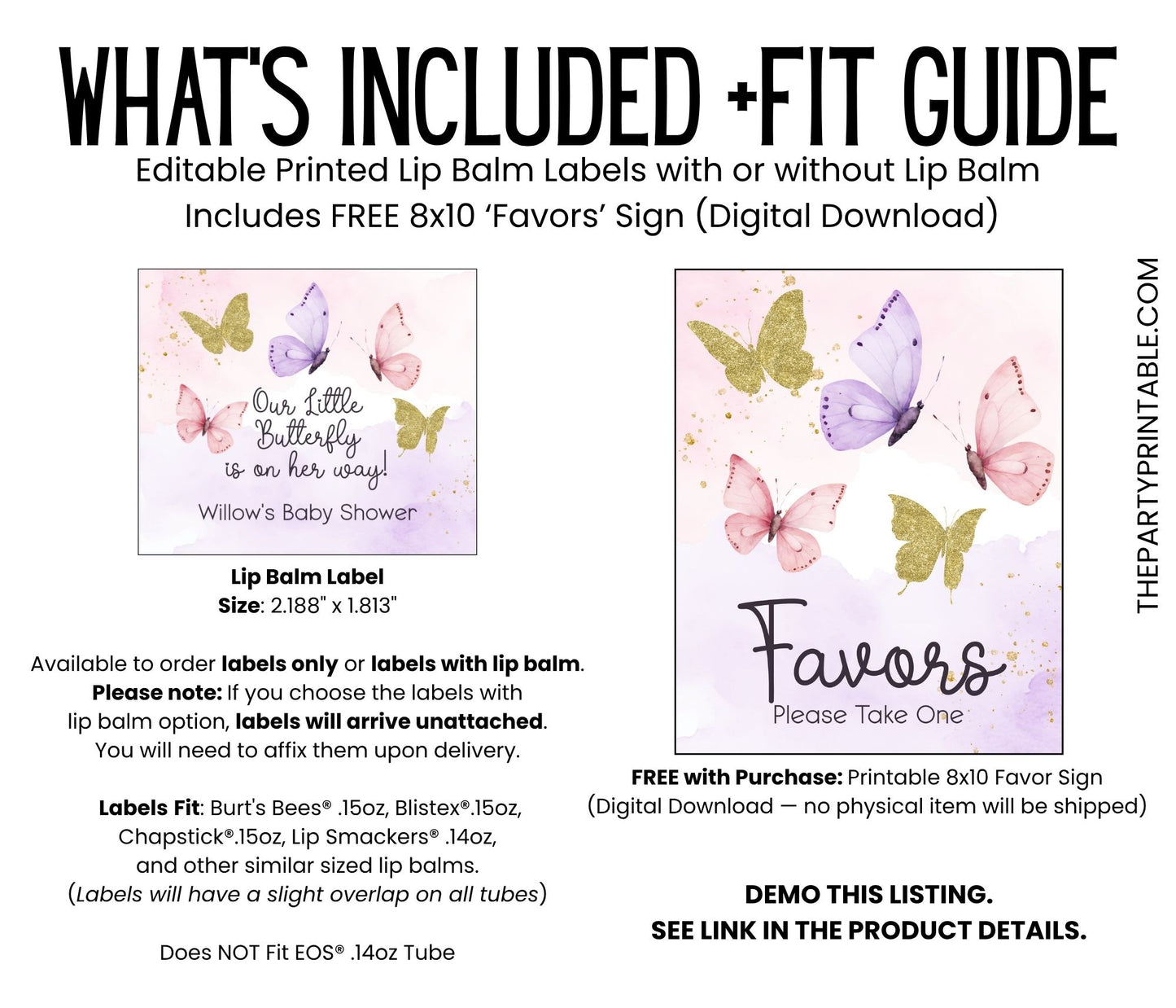 Butterfly Party Favors PRINTED Lip Balm Labels or Lip Balm | Pink Purple Gold Baby Shower | Thank You for Fluttering By Birthday Gift 4800