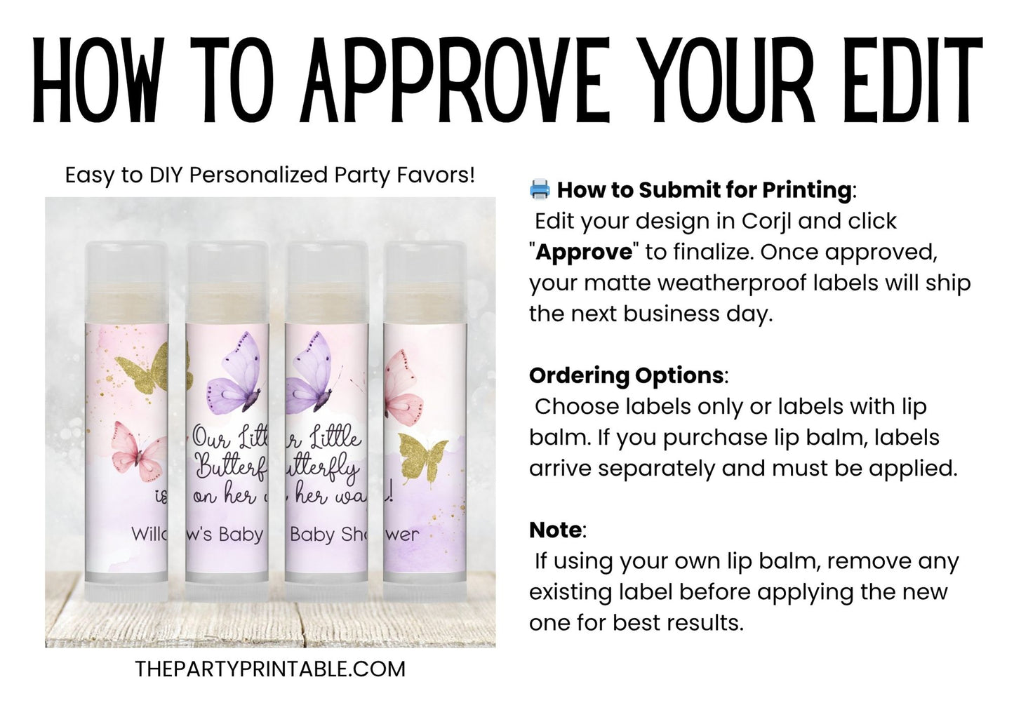 Butterfly Party Favors PRINTED Lip Balm Labels or Lip Balm | Pink Purple Gold Baby Shower | Thank You for Fluttering By Birthday Gift 4800