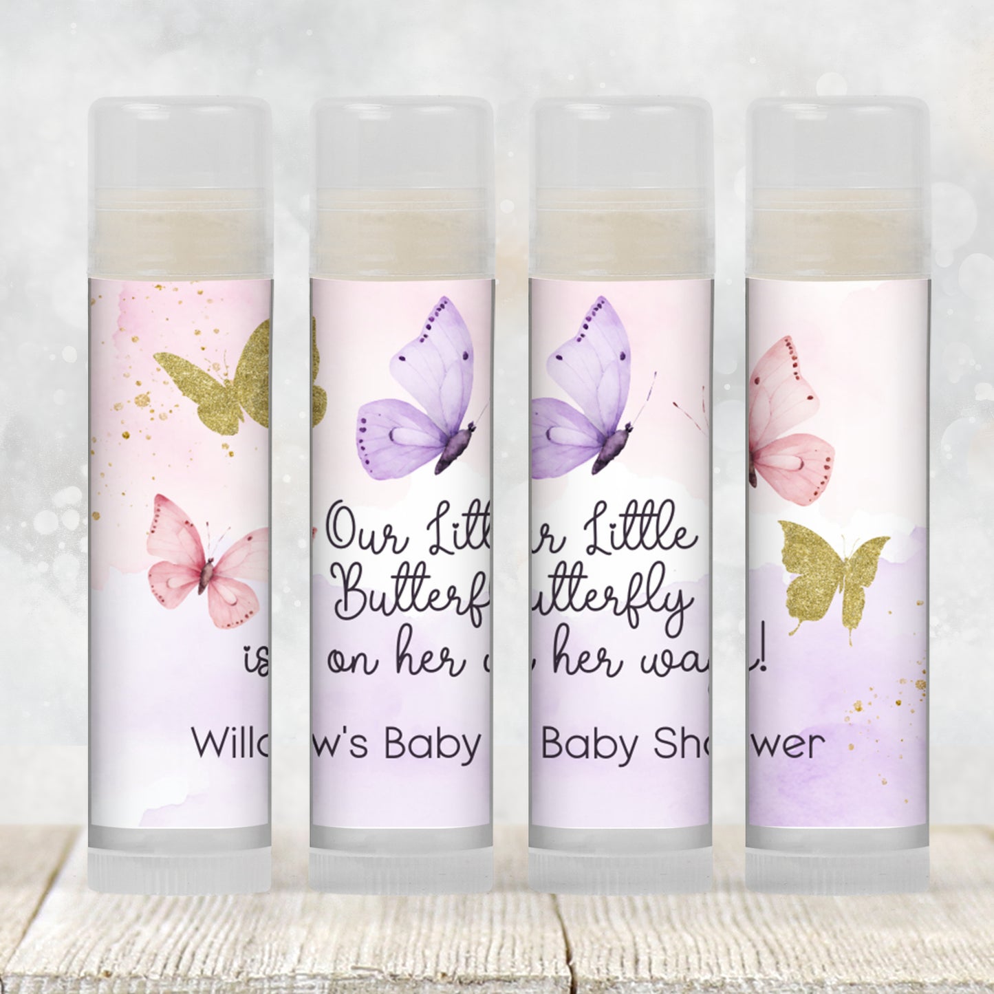 Butterfly Party Favors PRINTED Lip Balm Labels or Lip Balm | Pink Purple Gold Baby Shower | Thank You for Fluttering By Birthday Gift 4800