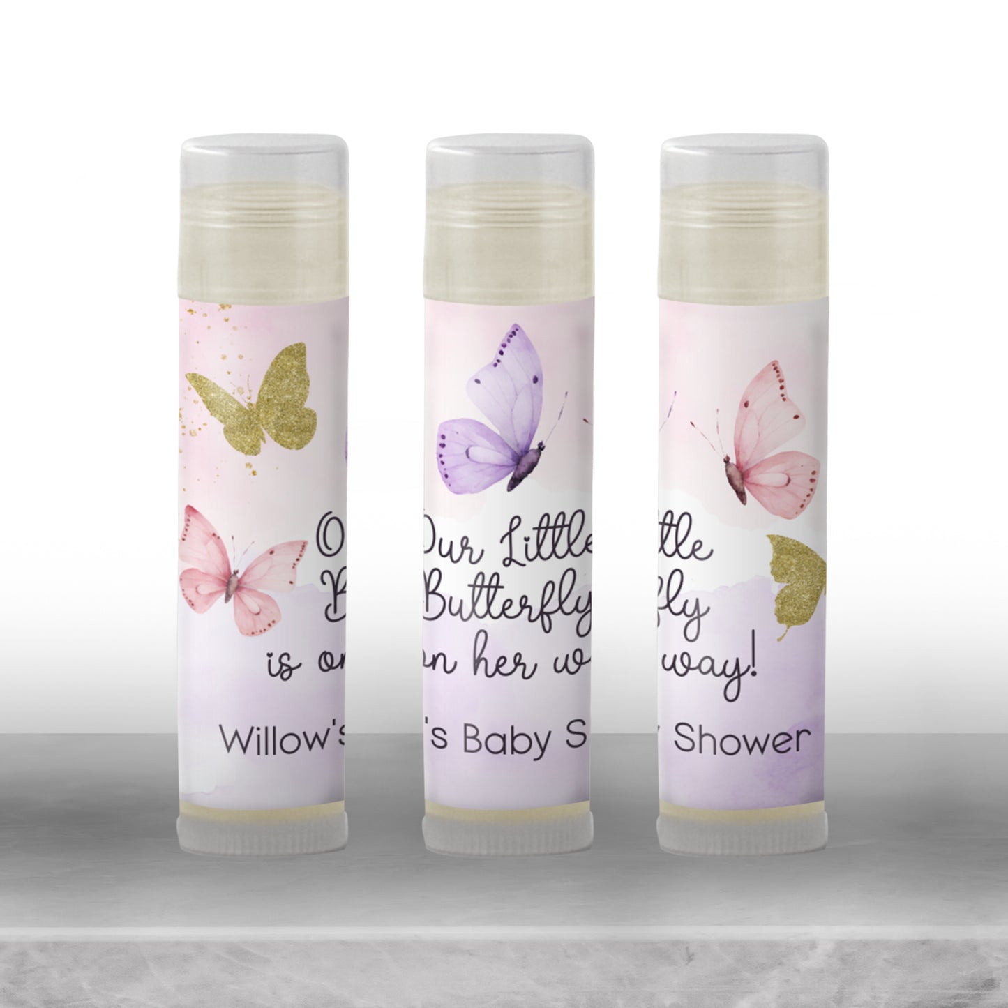 Butterfly Baby Shower Favor Lip Balm Label TEMPLATE | Editable Pink Purple Gold Theme | Printable A Little Butterfly Is On Her Way 4800