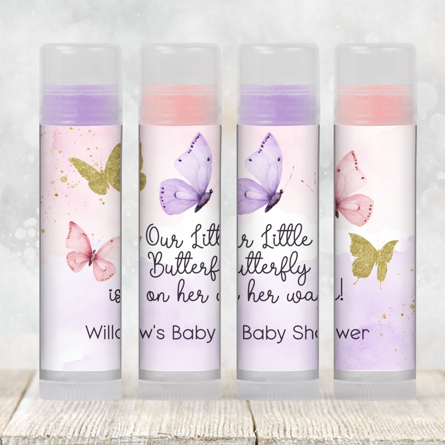 Butterfly Baby Shower Favor Lip Balm Label TEMPLATE | Editable Pink Purple Gold Theme | Printable A Little Butterfly Is On Her Way 4800