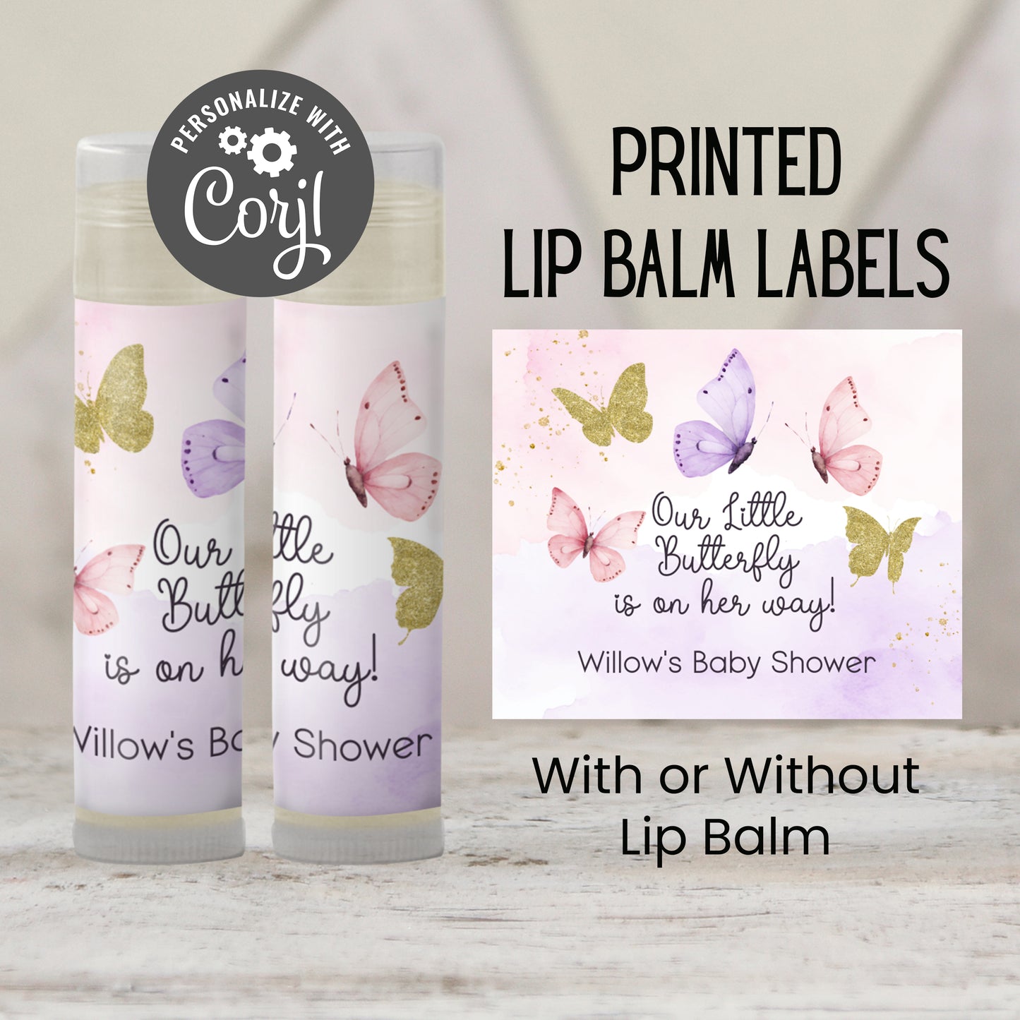 Butterfly Party Favors PRINTED Lip Balm Labels or Lip Balm | Pink Purple Gold Baby Shower | Thank You for Fluttering By Birthday Gift 4800