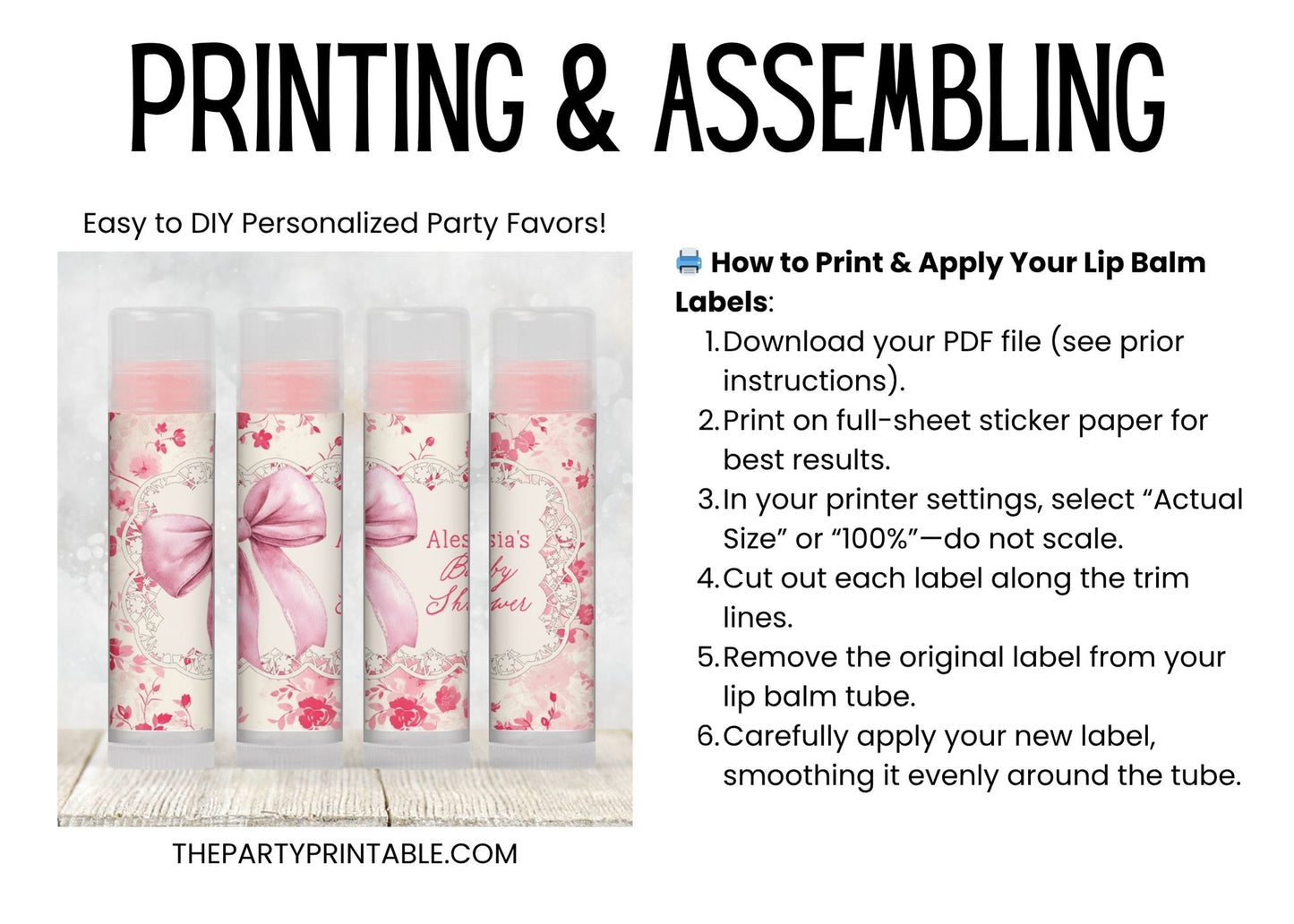 Vintage Pink Floral Lip Balm Favor Label TEMPLATE | Shabby Chic Pink Bow Bridal Shower Printable Baby Girl Shower Tea Party Sticker 5000