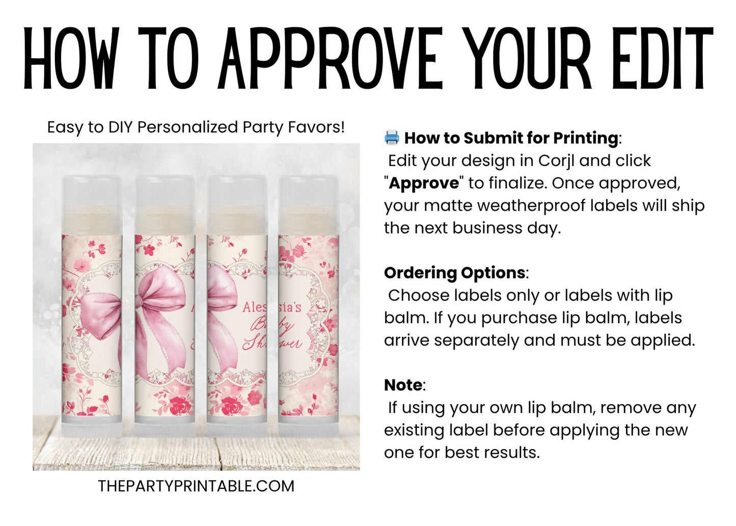 Vintage Pink Floral Favors PRINTED Lip Balm Labels or Lip Balm | Shabby Chic Pink Bow Bridal Shower | Garden Tea Party Baby Shower Gift 5000