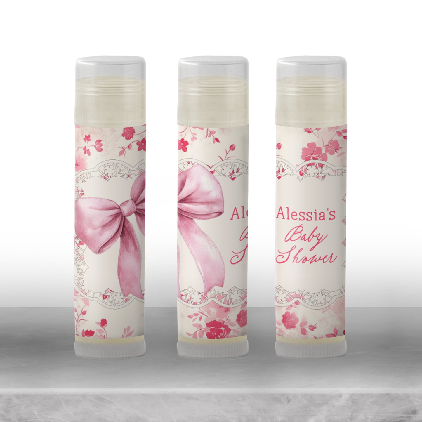 Vintage Pink Floral Lip Balm Favor Label TEMPLATE | Shabby Chic Pink Bow Bridal Shower Printable Baby Girl Shower Tea Party Sticker 5000