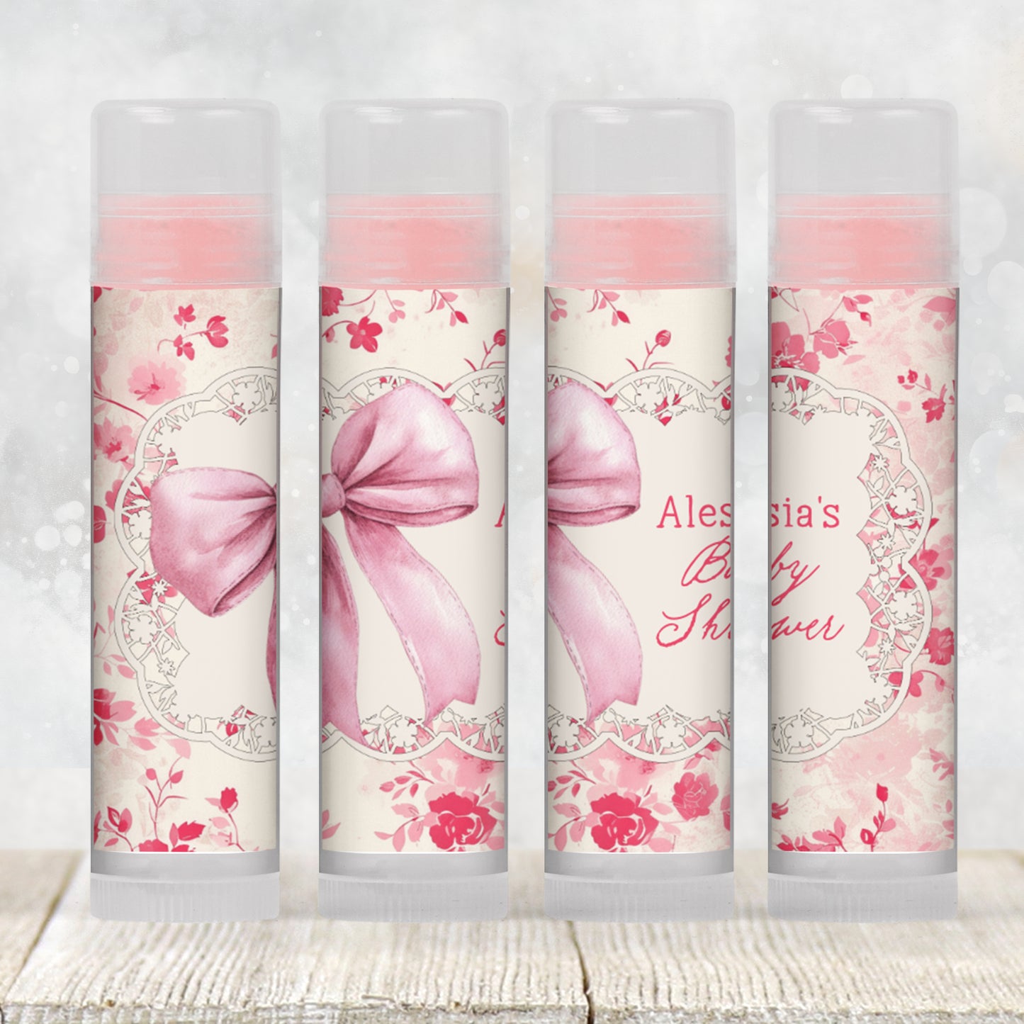 Vintage Pink Floral Lip Balm Favor Label TEMPLATE | Shabby Chic Pink Bow Bridal Shower Printable Baby Girl Shower Tea Party Sticker 5000