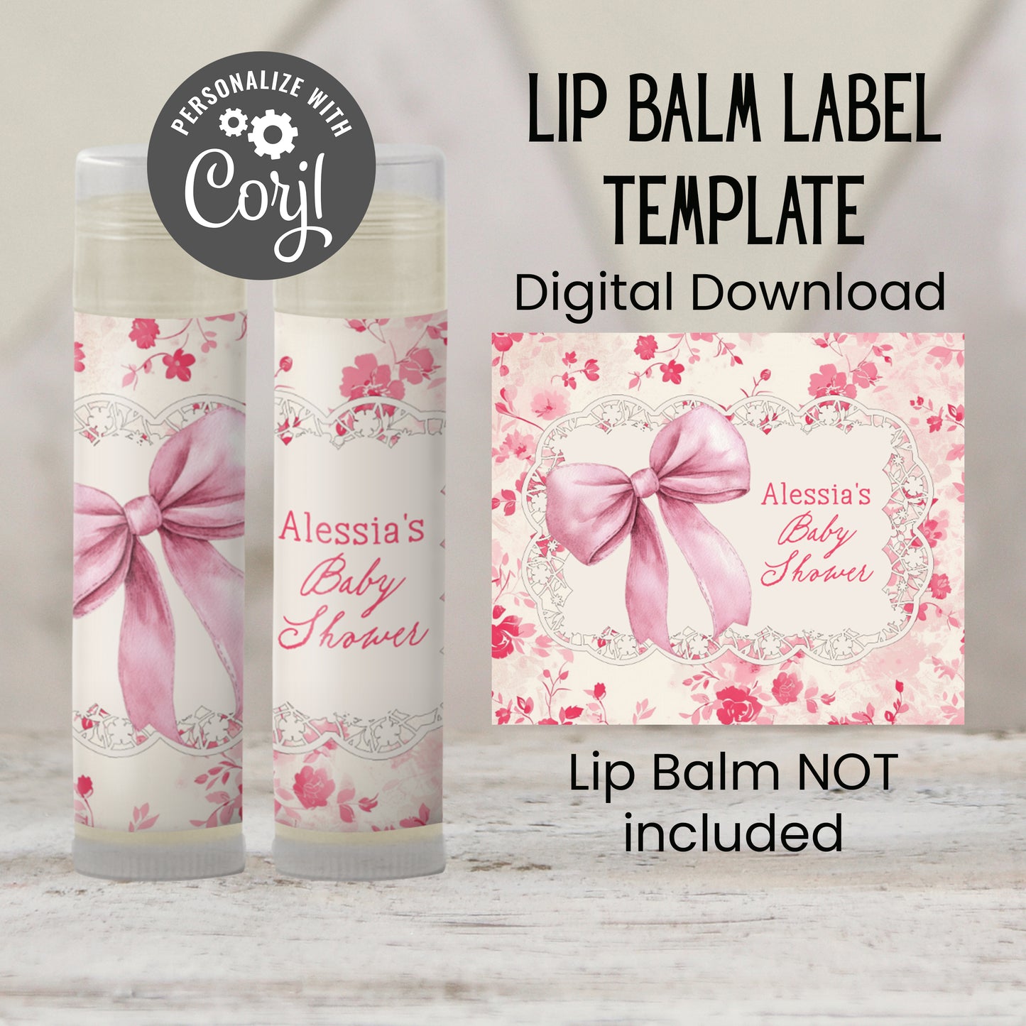 Vintage Pink Floral Lip Balm Favor Label TEMPLATE | Shabby Chic Pink Bow Bridal Shower Printable Baby Girl Shower Tea Party Sticker 5000