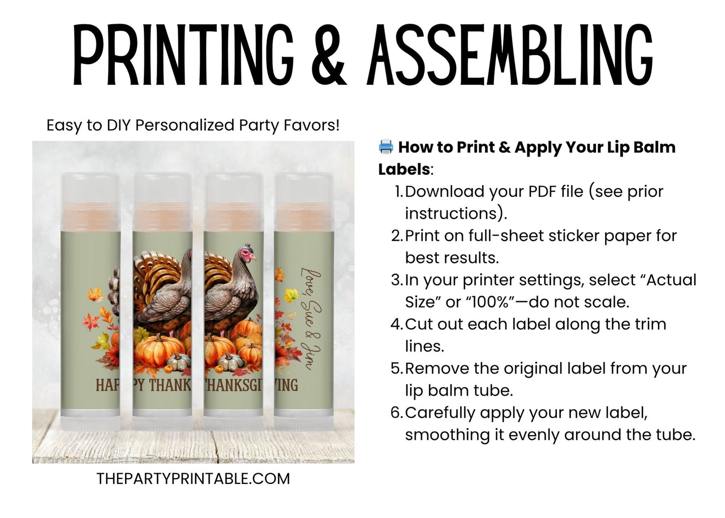 Editable Thanksgiving Lip Balm Label Template - Chapstick Party Favor Design for Thanksgiving Dinner, Turkey and Fall Leaves Theme 5001