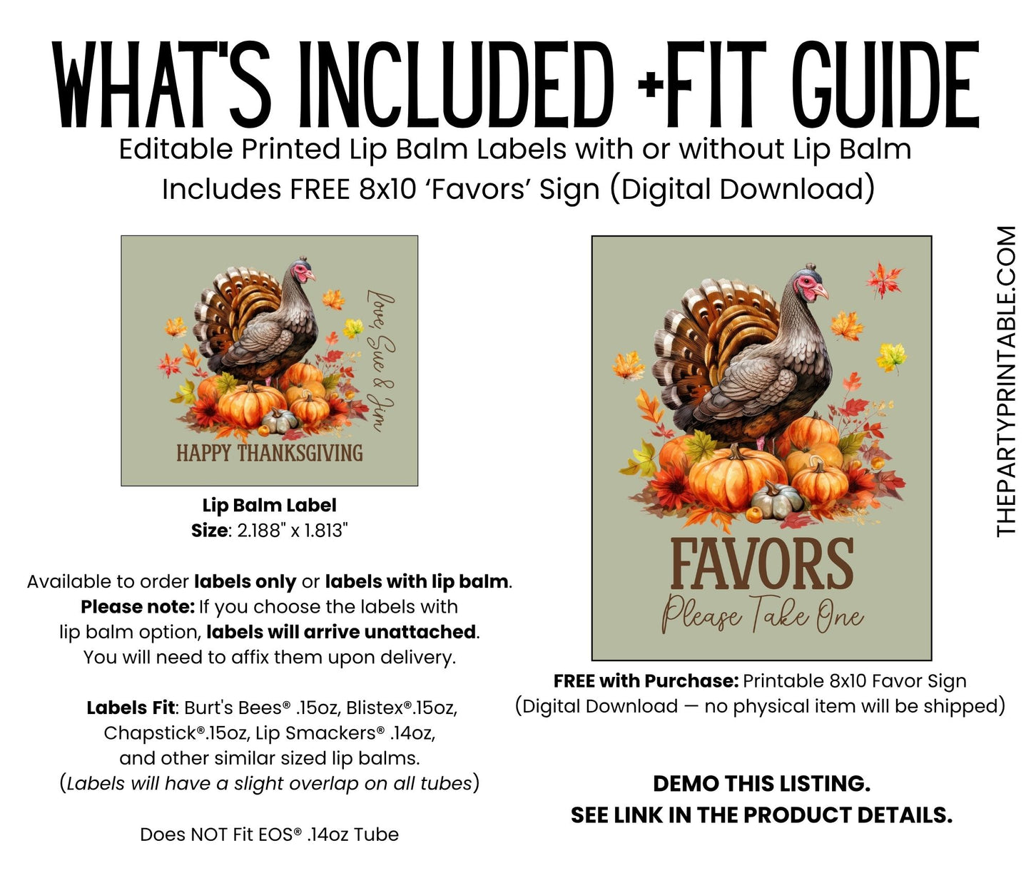 Thanksgiving Turkey Lip Balm Favors for Guests | Fall Leaves & Sage | Friendsgiving or Thanksgiving Dinner Chapstick Favor Labels 5001
