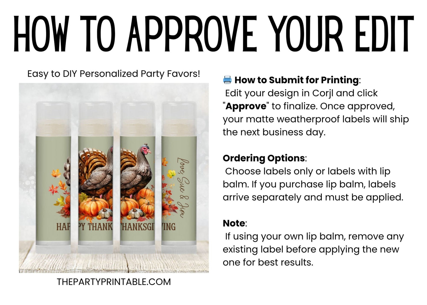 Thanksgiving Turkey Lip Balm Favors for Guests | Fall Leaves & Sage | Friendsgiving or Thanksgiving Dinner Chapstick Favor Labels 5001