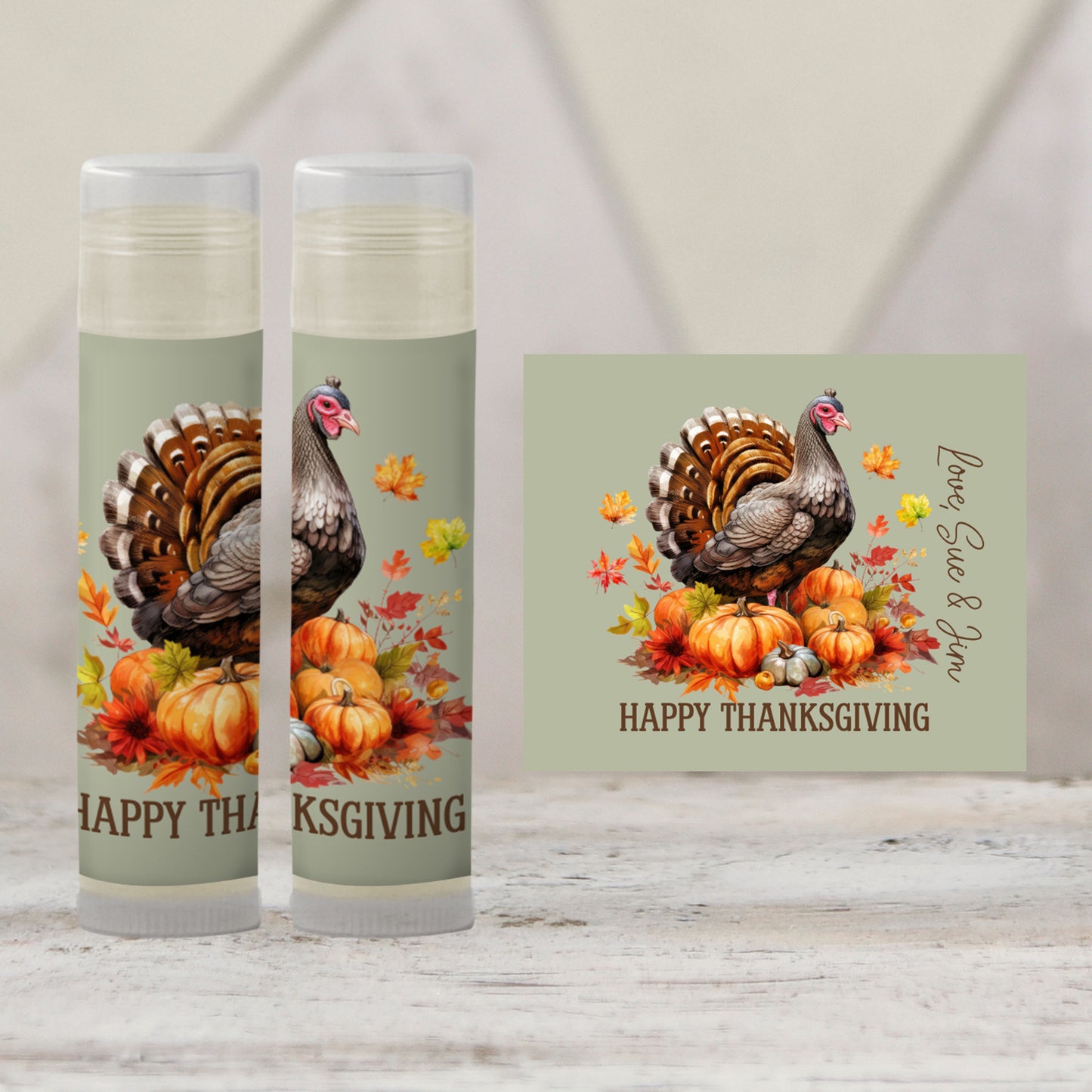 Editable Thanksgiving Lip Balm Label Template - Chapstick Party Favor Design for Thanksgiving Dinner, Turkey and Fall Leaves Theme 5001