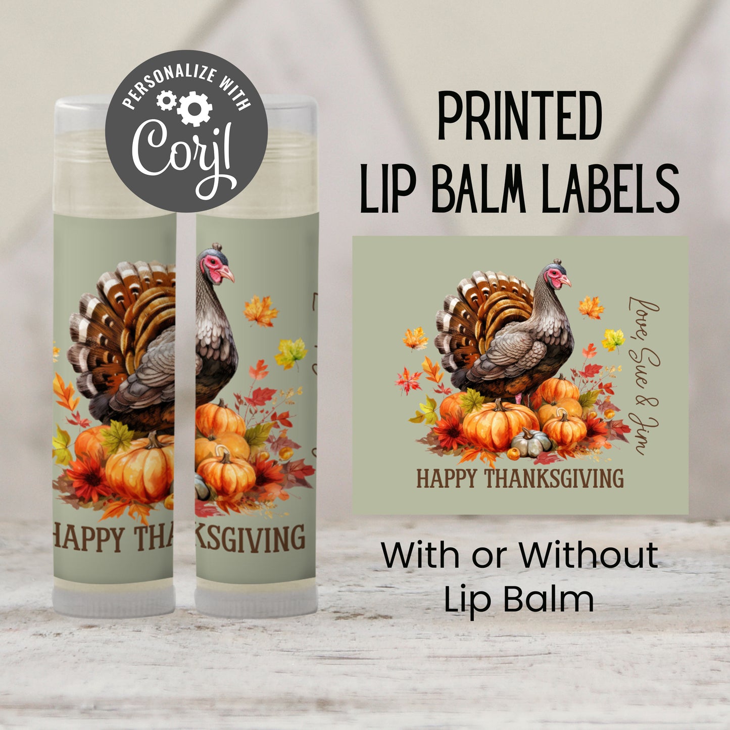 Thanksgiving Turkey Lip Balm Favors for Guests | Fall Leaves & Sage | Friendsgiving or Thanksgiving Dinner Chapstick Favor Labels 5001