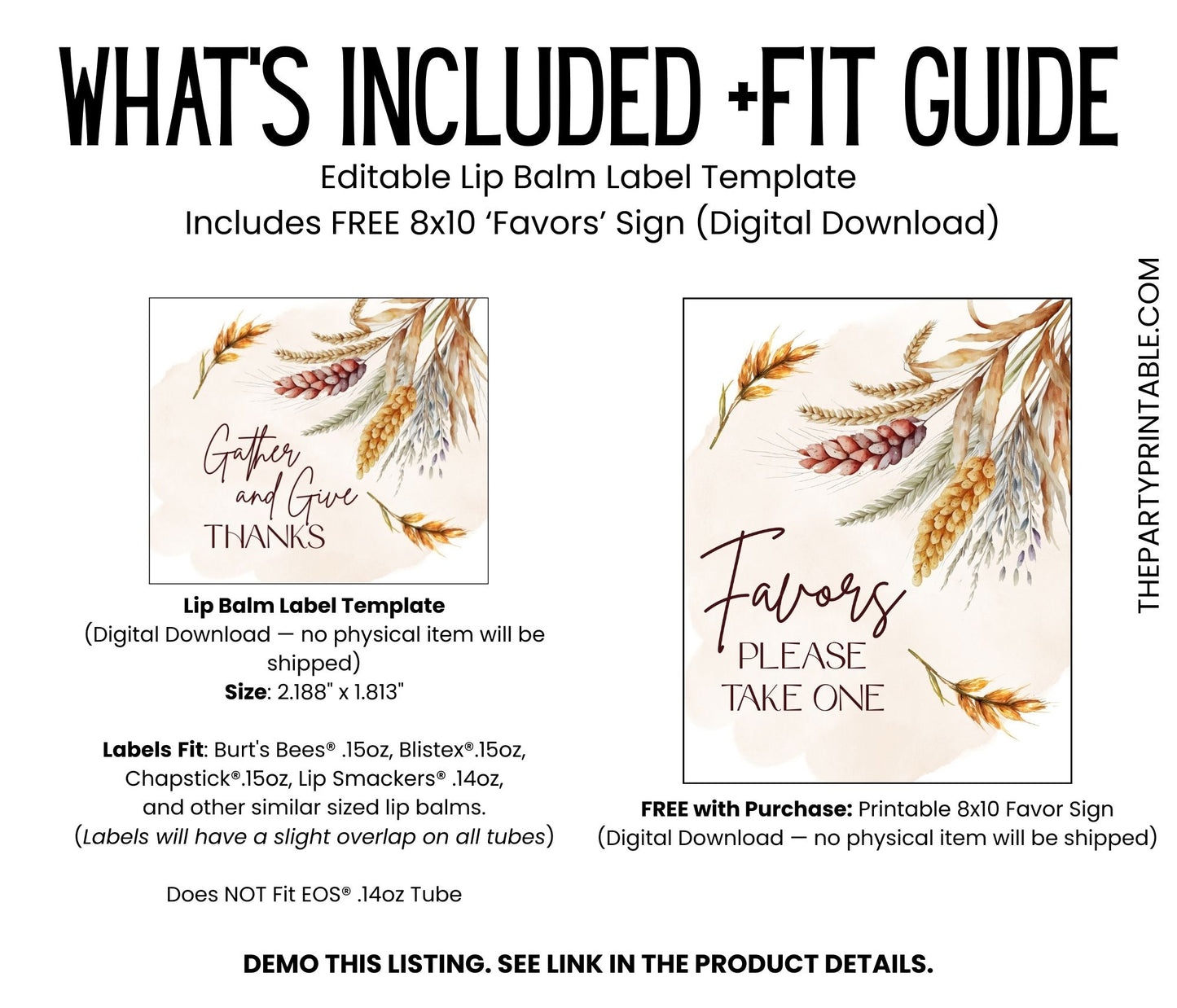 Printable Gather and Give Thanks Lip Balm TEMPLATE | Thanksgiving Dinner Favor | Friendsgiving Chapstick Labels | Autumn Party Favor 5002